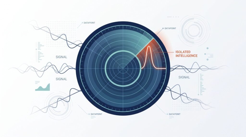 Radar-style graphic highlighting an isolated signal spike among data waves, representing factoring threat intelligence prioritization process visually.