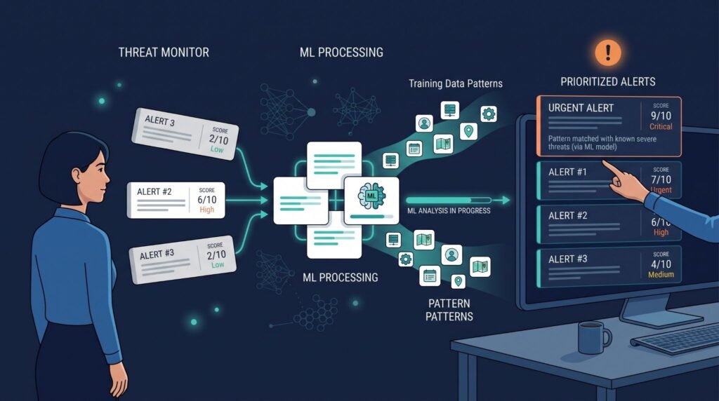 Machine learning applying methods threat alert prioritization scoring to rank incoming security alerts.
