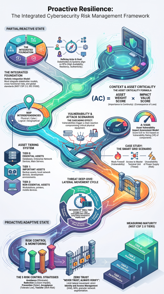 Infographic mapping asset tiers, vulnerability scoring, and zero trust controls, incorporating asset criticality risk scoring throughout.