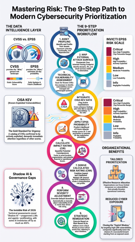 Infographic outlining a nine-step vulnerability workflow, factoring threat intelligence prioritization process from asset profiling to remediation.