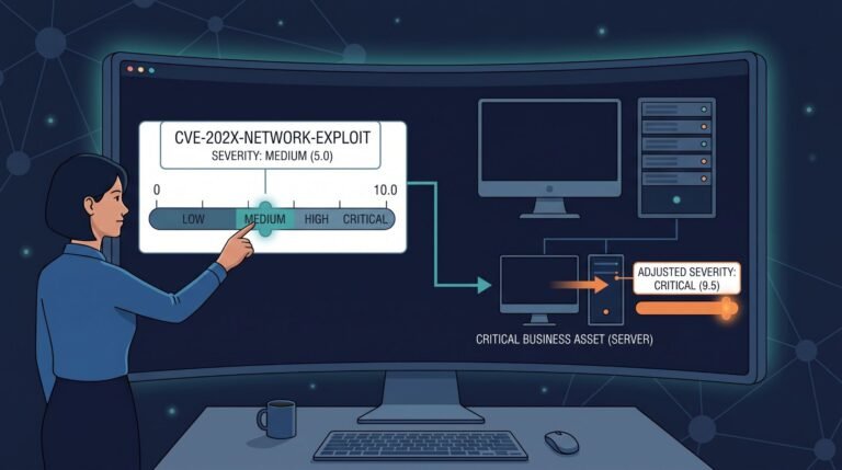 Analyst adjusting exploit severity using CVSS common vulnerability scoring system based on critical asset exposure.