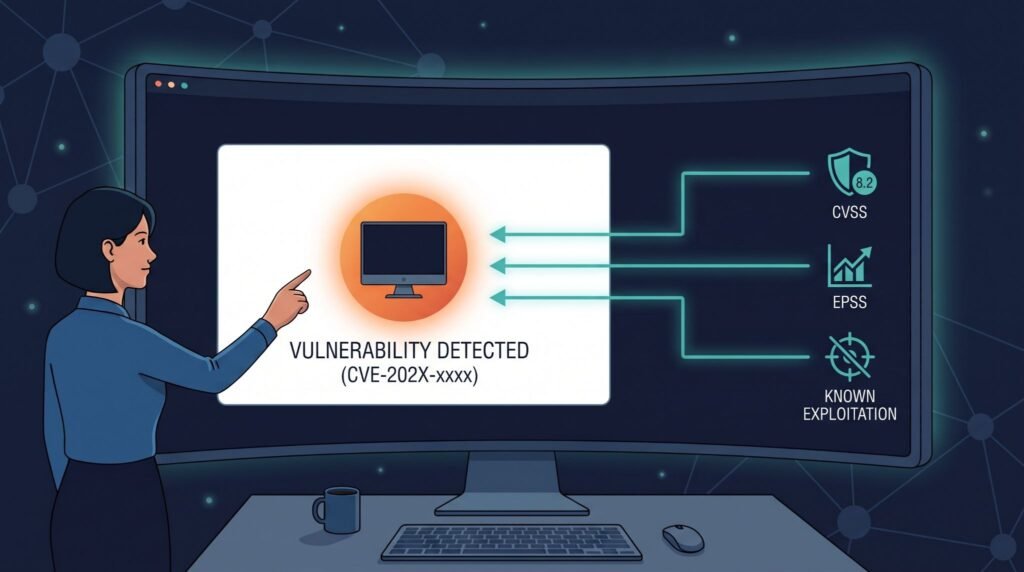 Analyst evaluating a detected vulnerability using CVSS common vulnerability scoring system alongside EPSS and exploit data.