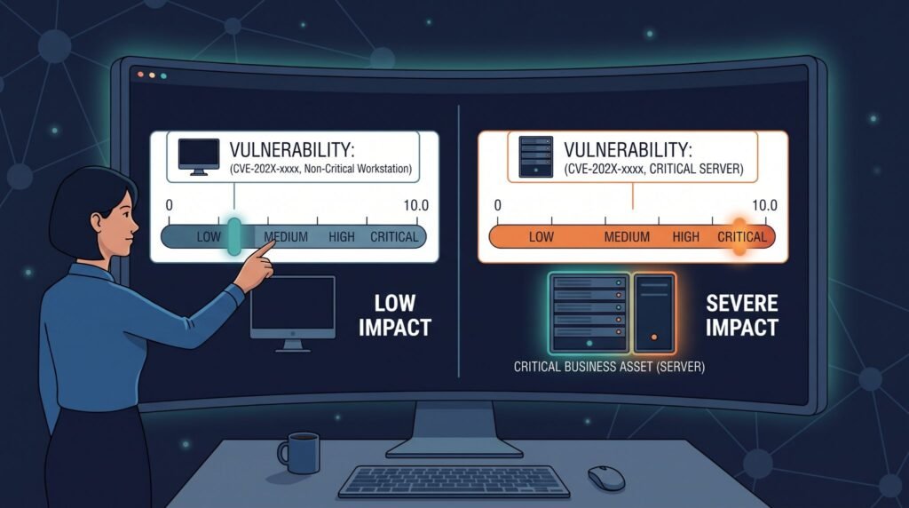 Comparing vulnerability impact using CVSS common vulnerability scoring system across a workstation and critical server.