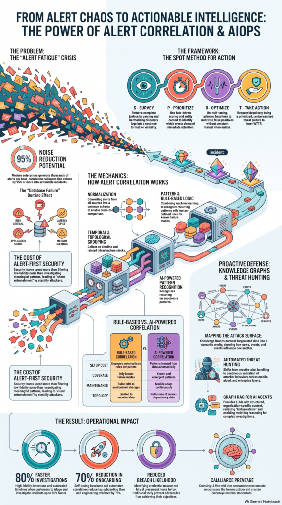 Infographic covering methods threat alert prioritization scoring within an AIOps alert correlation system.
