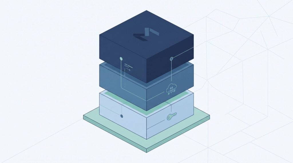 Stacked isometric blocks with lock, cloud, and network icons, symbolizing layers involved in incorporating asset criticality risk scoring.