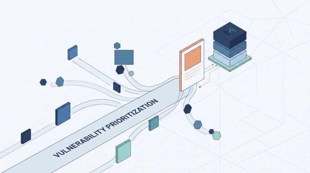 Isometric graphic of connected data blocks feeding into a security dashboard, reflecting a process for incorporating asset criticality risk scoring.