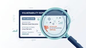 Magnifying glass revealing risk icons and severity details on a report, factoring threat intelligence prioritization process for critical vulnerabilities.