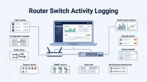 Dashboard illustration showing logging monitoring router switch activity via login records, config changes, and traffic flows.