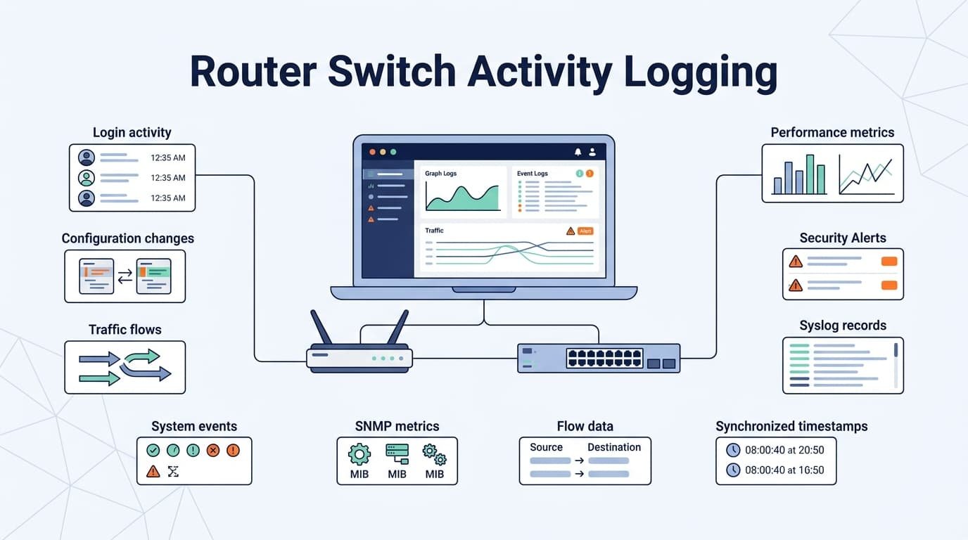 Dashboard illustration showing logging monitoring router switch activity via login records, config changes, and traffic flows.