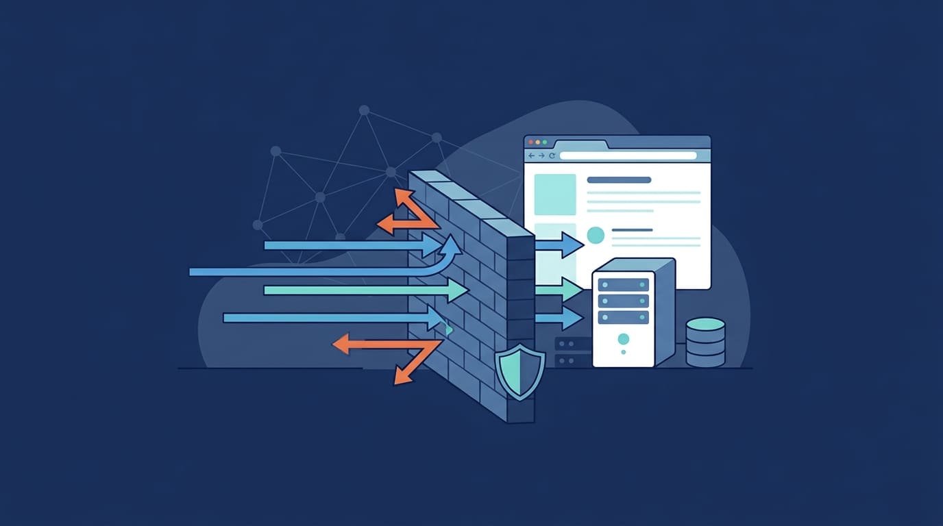 Web Application Firewall (WAF) protection blocks hostile traffic with a brick wall and shield before it reaches the web server.
