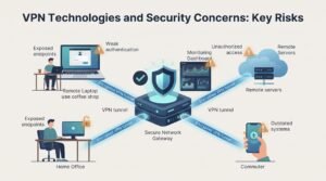 Illustration showing VPN Technologies and Security Concerns with a secure gateway, encrypted tunnels, and risk indicators. 