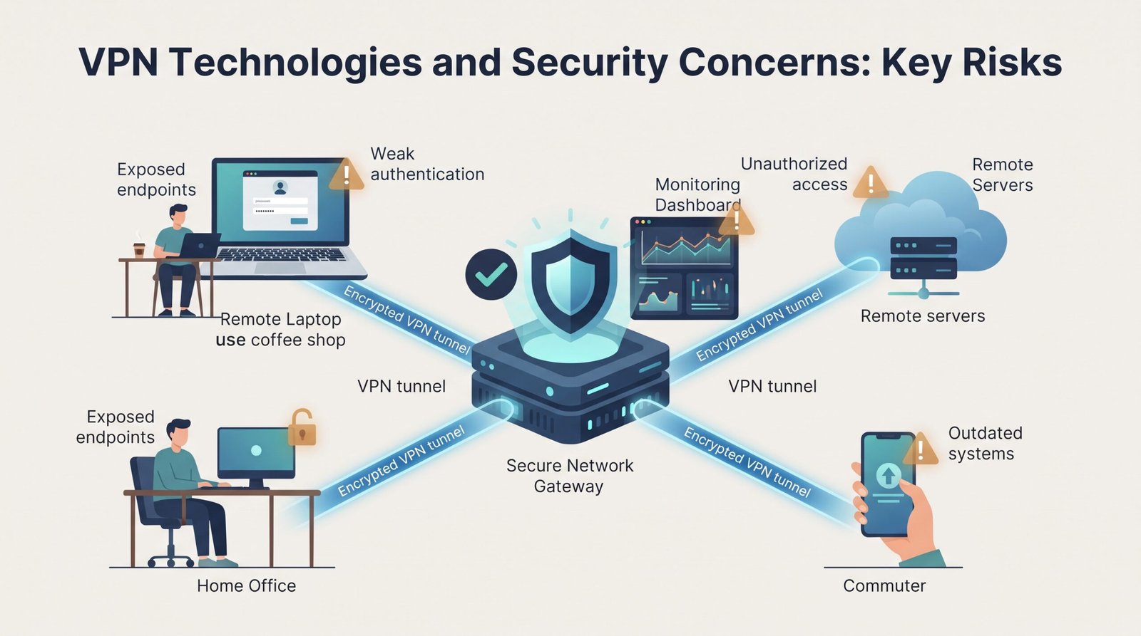 Illustration showing VPN Technologies and Security Concerns with a secure gateway, encrypted tunnels, and risk indicators. 