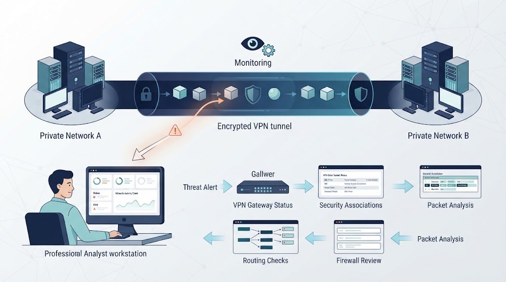 Analyst monitoring encrypted traffic while configuring site to site vpn tunnels securely.