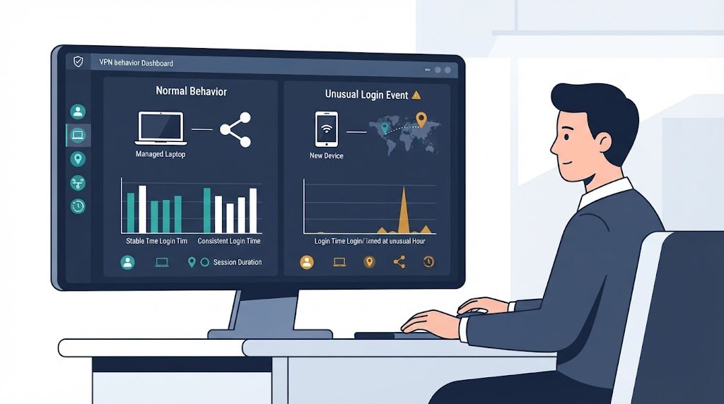 Security analyst reviewing a dashboard while detecting anomalous vpn connection behavior.