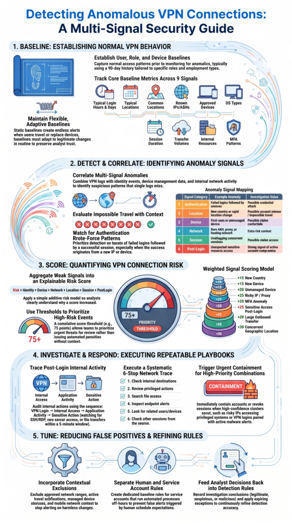 Infographic on detecting anomalous vpn connection behavior featuring security baselines, scoring, and investigation.