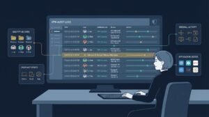 Security analyst reviewing connected dashboards while monitoring vpn user activity logs audits.  
