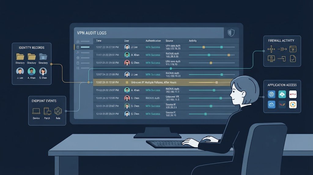 Security analyst reviewing connected dashboards while monitoring vpn user activity logs audits.  