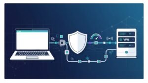 Vector graphic illustrating performance considerations vpn encryption overhead with a laptop, shield, and server.  