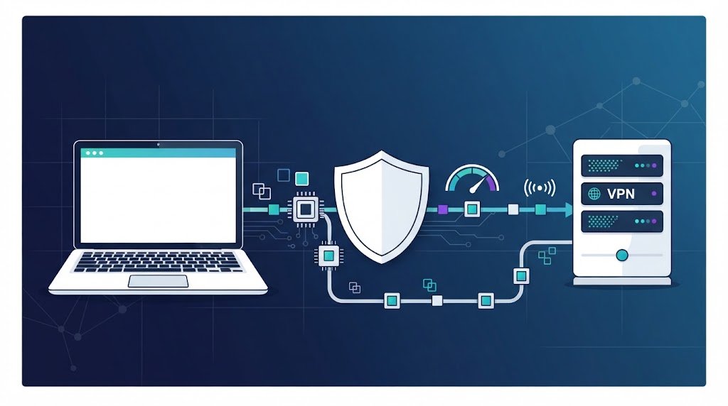 Vector graphic illustrating performance considerations vpn encryption overhead with a laptop, shield, and server.  