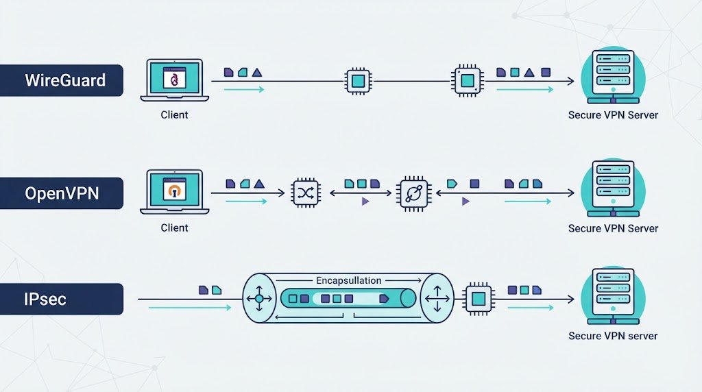 Protocol comparison chart highlighting performance considerations vpn encryption overhead across different tunnels