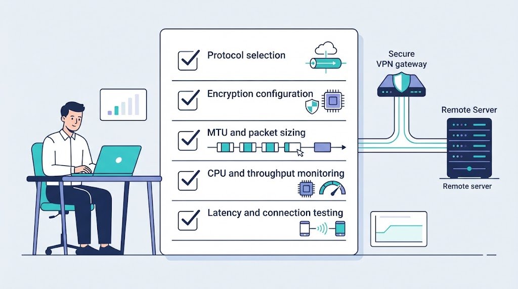 Checklist graphic addressing performance considerations vpn encryption overhead for secure VPN gateways.