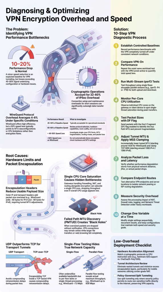 Comprehensive infographic on performance considerations vpn encryption overhead, bottlenecks, and diagnostics.