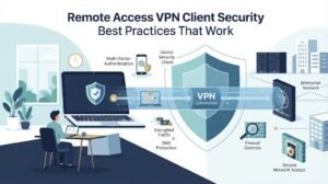Illustration showing remote access vpn client security best practices with a secure tunnel.