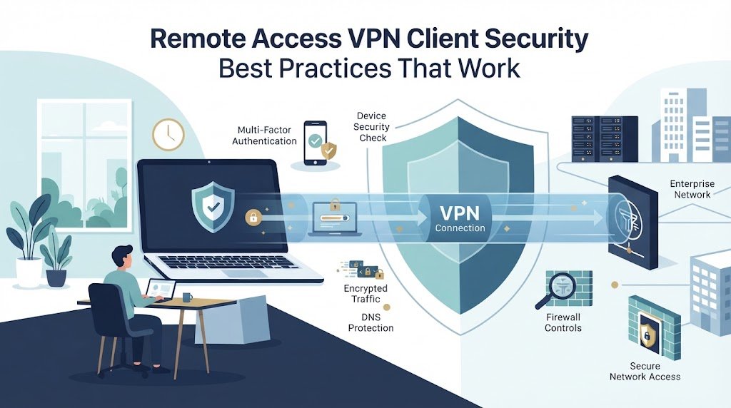 Illustration showing remote access vpn client security best practices with a secure tunnel.