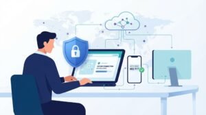 Professional working on a laptop with a shield and smartphone to demonstrate securing vpn endpoints mfa strong authentication. 