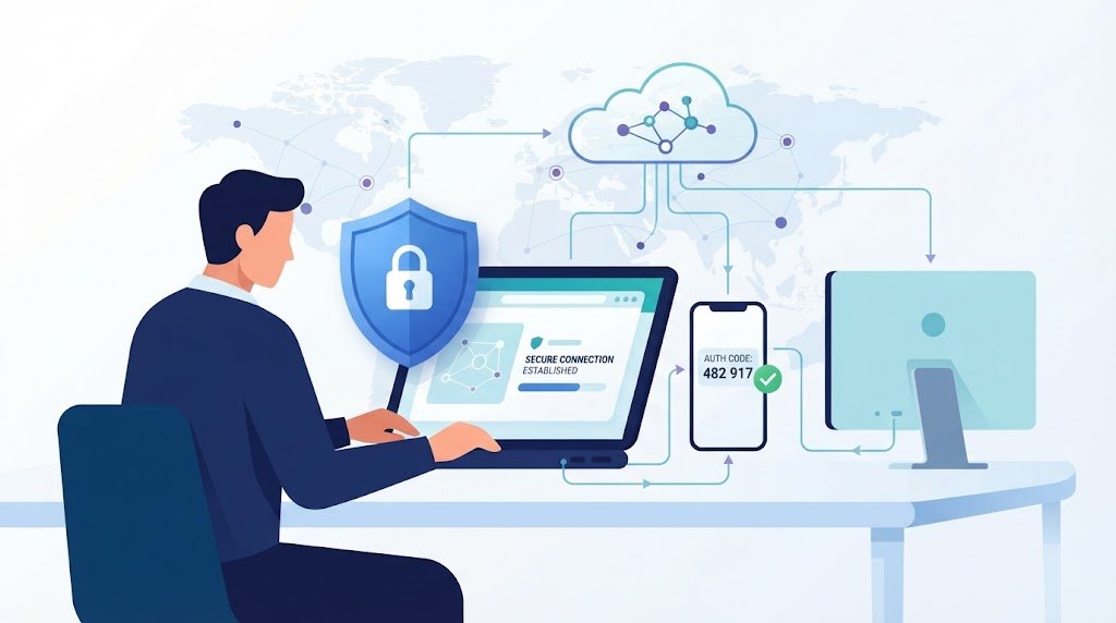 Professional working on a laptop with a shield and smartphone to demonstrate securing vpn endpoints mfa strong authentication. 