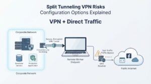 Network graphic showing split tunneling vpn risks configuration options, firewall monitoring, and direct internet bypass.