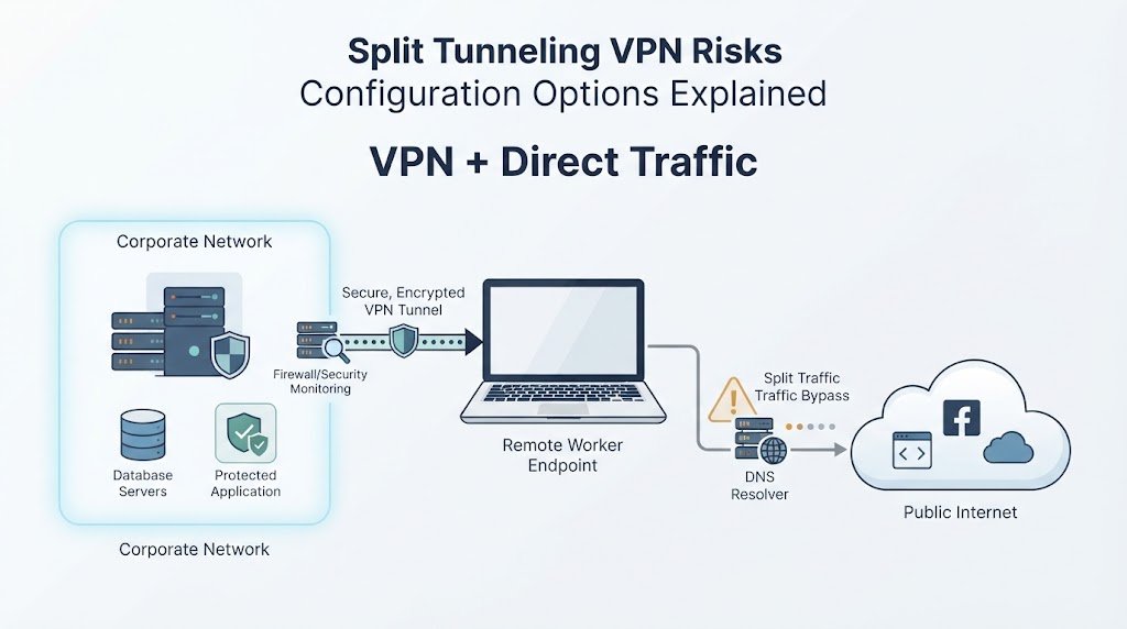 Network graphic showing split tunneling vpn risks configuration options, firewall monitoring, and direct internet bypass.