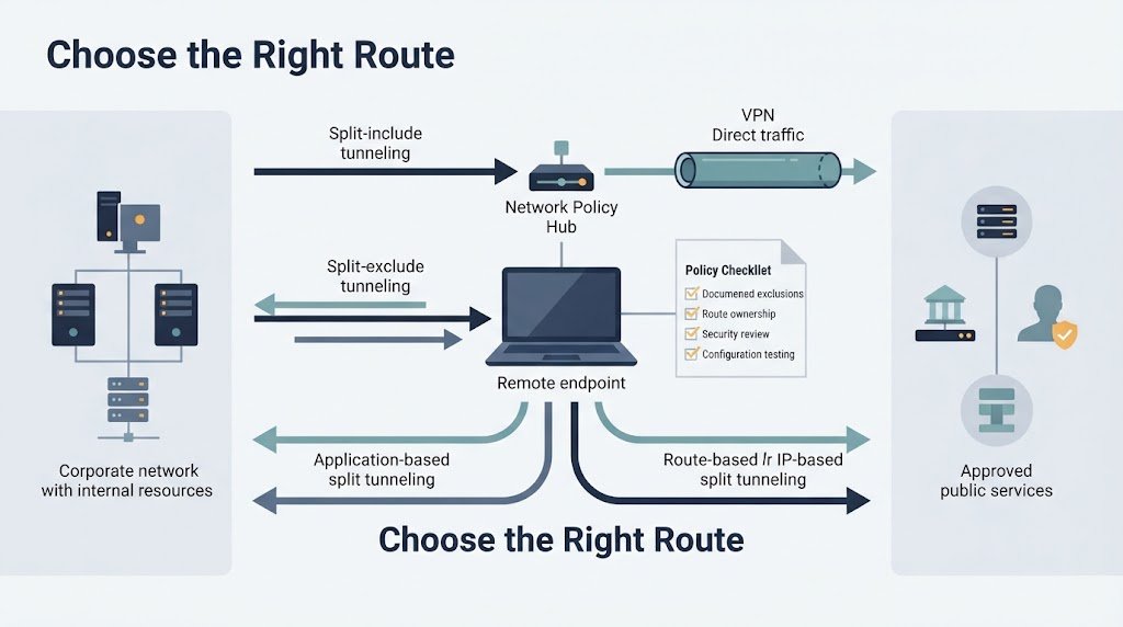 Policy architecture layout highlighting split tunneling vpn risks configuration options across four different routing models. 