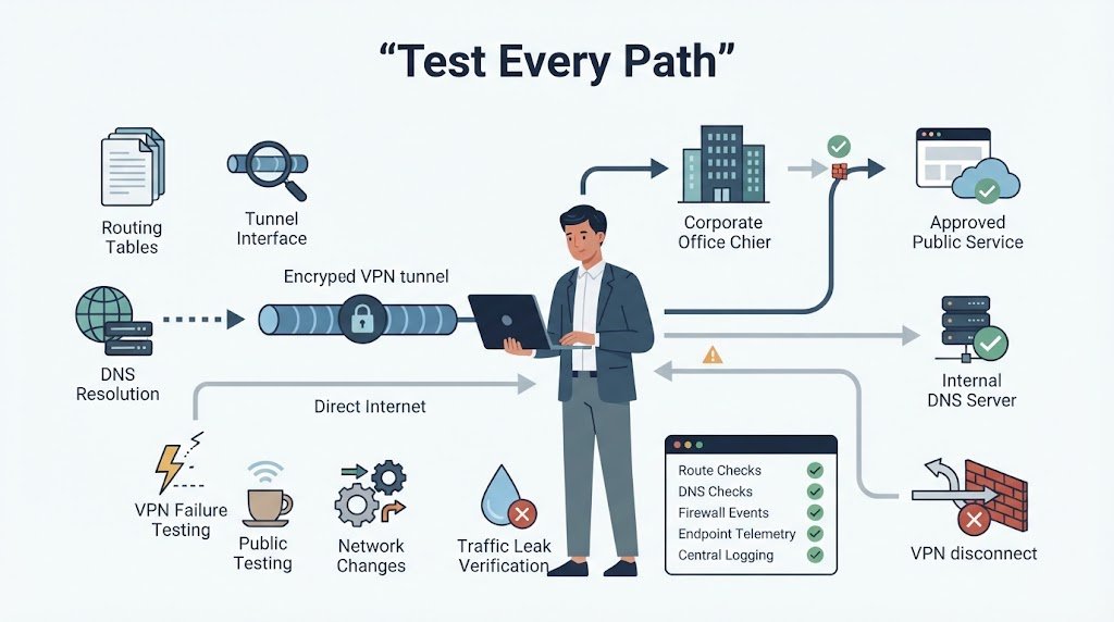 Testing framework illustrating split tunneling vpn risks configuration options, routing tables, and traffic leak verification. 