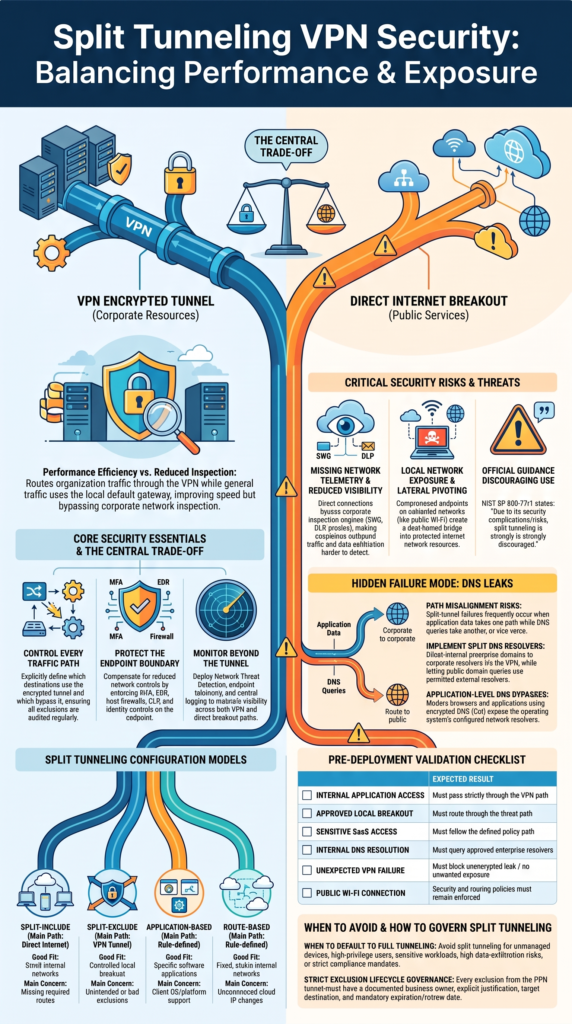 Infographic detailing split tunneling vpn risks configuration options, comparing secure enterprise VPNs and public internet breakouts.