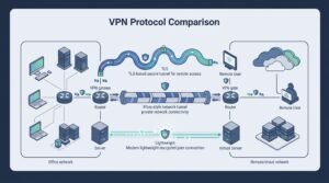 Network illustration for types vpn protocols comparison ipsec ssl tls highlighting TLS and IPsec encrypted links.