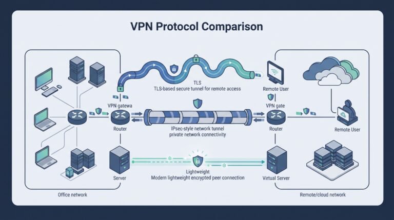 Network illustration for types vpn protocols comparison ipsec ssl tls highlighting TLS and IPsec encrypted links.
