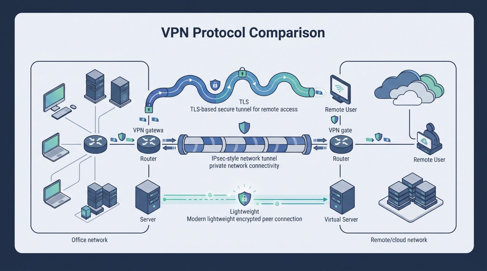 Network illustration for types vpn protocols comparison ipsec ssl tls highlighting TLS and IPsec encrypted links.