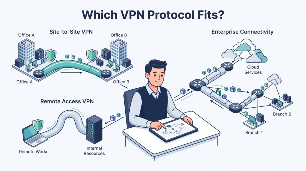 Workspace graphic supporting types vpn protocols comparison ipsec ssl tls with distinct network scenarios. 