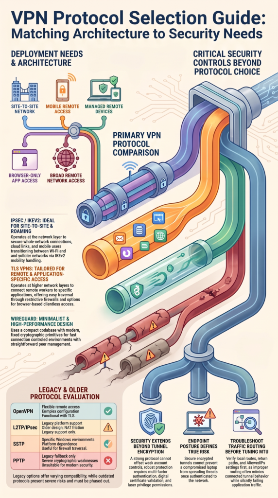 Comprehensive poster for types vpn protocols comparison IPsec SSL TLS detailing IPsec, TLS, and WireGuard. 