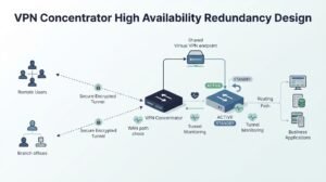 Network diagram illustrating vpn concentrator high availability redundancy with active and standby nodes.