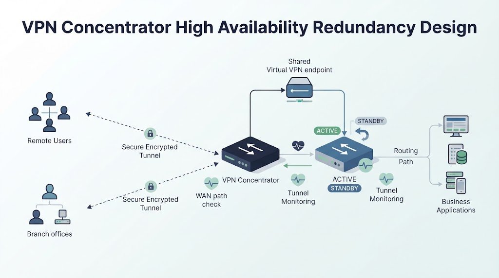 Network diagram illustrating vpn concentrator high availability redundancy with active and standby nodes.