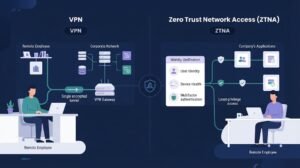 Vector graphic illustrating zero trust network access ztna vs vpn workflows for remote employees.