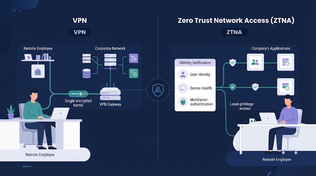 Vector graphic illustrating zero trust network access ztna vs vpn workflows for remote employees.