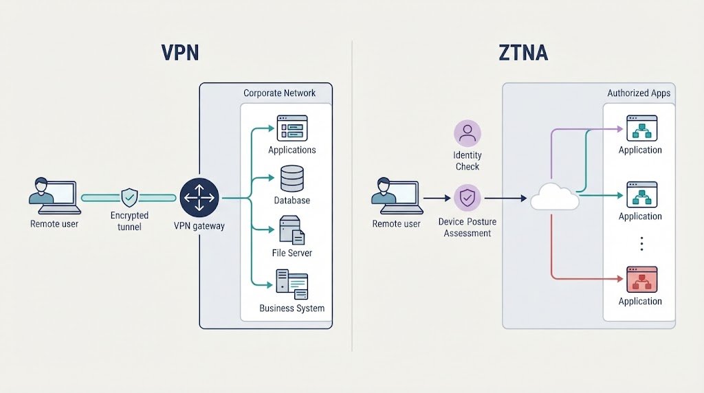 Network scheme outlining zero trust network access ztna vs vpn gateway configurations. 