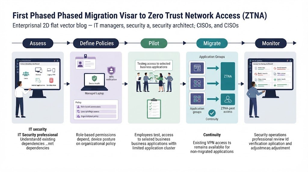 Roadmap stages for zero trust network access ztna vs vpn enterprise transition. 