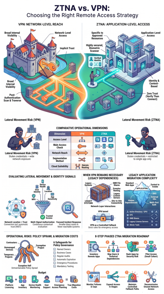 Infographic comparing zero trust network access ztna vs vpn models across operational dimensions. 